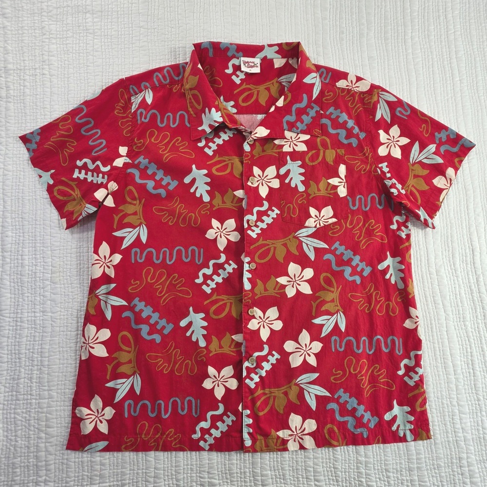 Barefoot in Paradise Mens XL Aloha Shirt Red Tropical Floral Cotton EUC BF131C